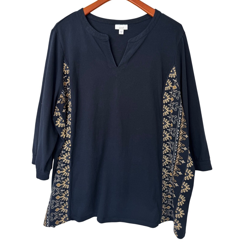Pure Jill Women's 3X Blue Embroidered Cotton Blend 3/4 Sleeve V Neck‎ Top